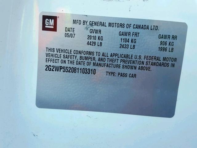 2G2WP552081103310 - 2008 PONTIAC GRAND PRIX 白色 照片 10