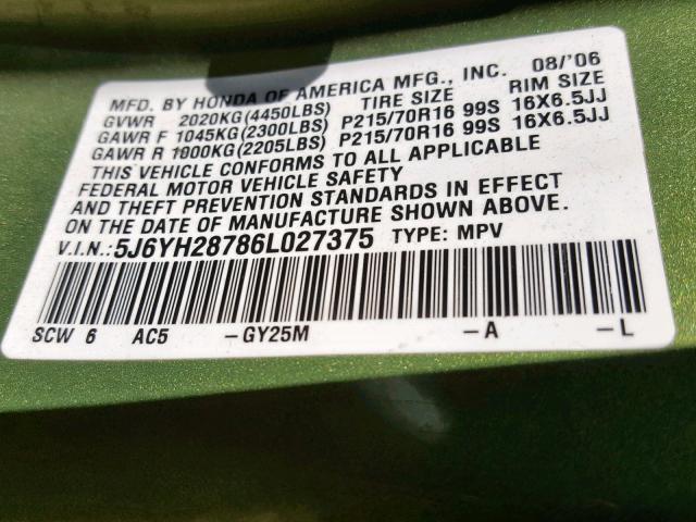 5J6YH28786L027375 - 2006 HONDA ELEMENT EX GREEN photo 10