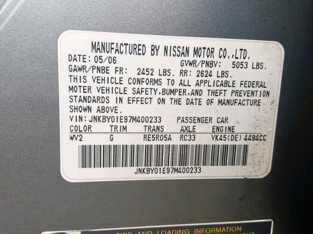 JNKBY01E97M400233 - 2007 INFINITI M45 BASE SILVER photo 10