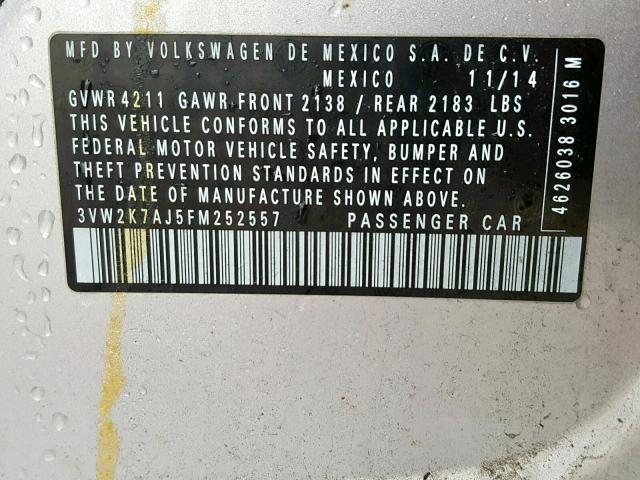 3VW2K7AJ5FM252557 - 2015 VOLKSWAGEN JETTA BASE GRAY photo 10