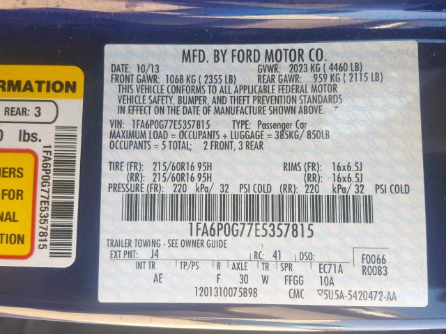 1FA6P0G77E5357815 - 2014 FORD FUSION S BLUE photo 10