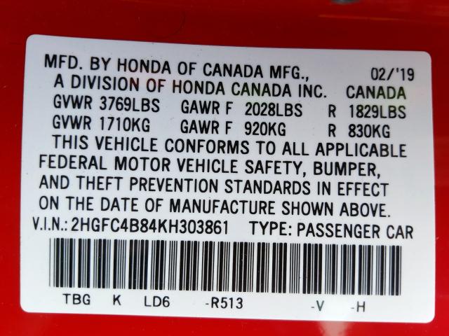 2HGFC4B84KH303861 - 2019 HONDA CIVIC SPORT  Foto 10