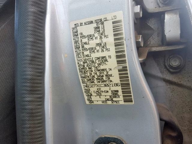 1N6ED27TX1C302186 - 2001 NISSAN FRONTIER C GRAY photo 10