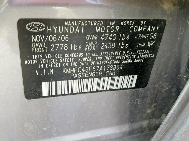 KMHFC46F67A173364 - 2007 HYUNDAI AZERA SE SILVER photo 10