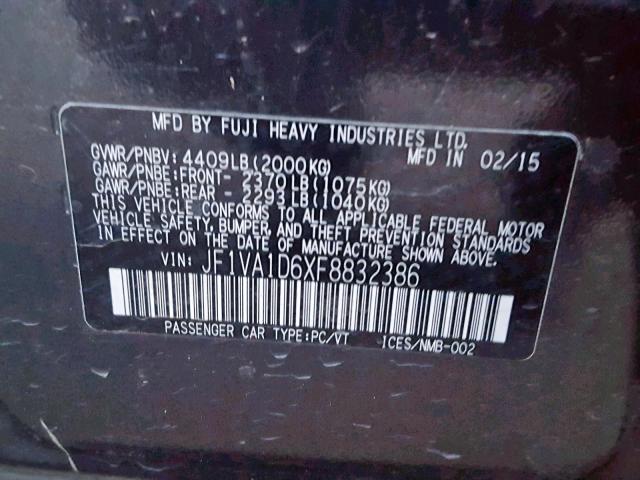 JF1VA1D6XF8832386 - 2015 SUBARU WRX PREMIU BLACK photo 10