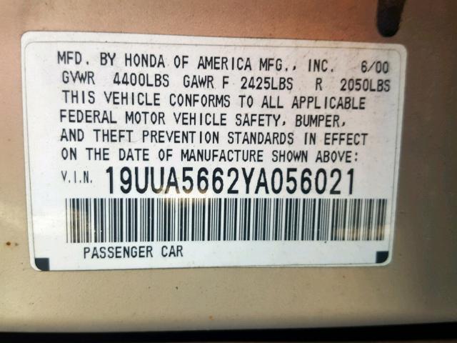 19UUA5662YA056021 - 2000 ACURA 3.2TL TAN photo 10