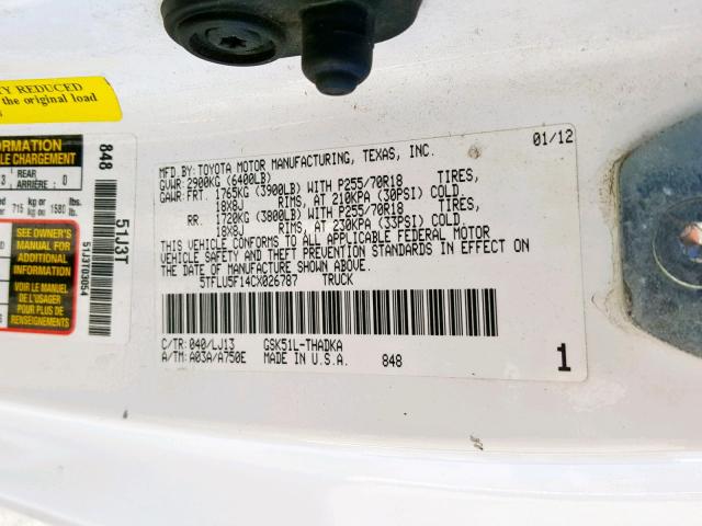 5TFLU5F14CX026787 - 2012 TOYOTA TUNDRA WHITE photo 10