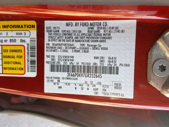 3FA6P0K97GR232645 - 2016 FORD FUSION TIT RED photo 10