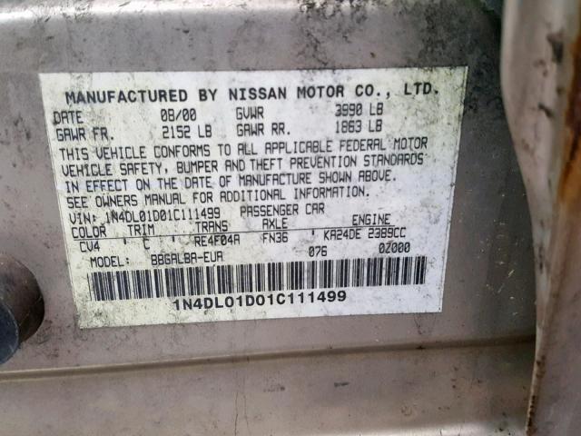 1N4DL01D01C111499 - 2001 NISSAN ALTIMA XE TAN photo 10