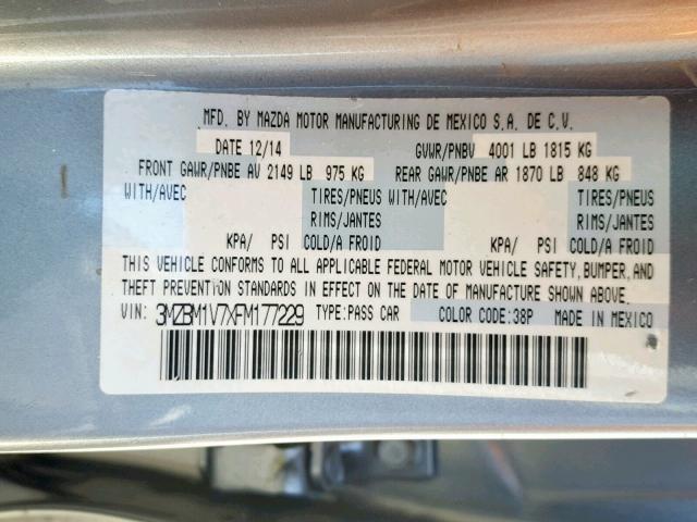 3MZBM1V7XFM177229 - 2015 MAZDA 3 TOURING GRAY photo 10