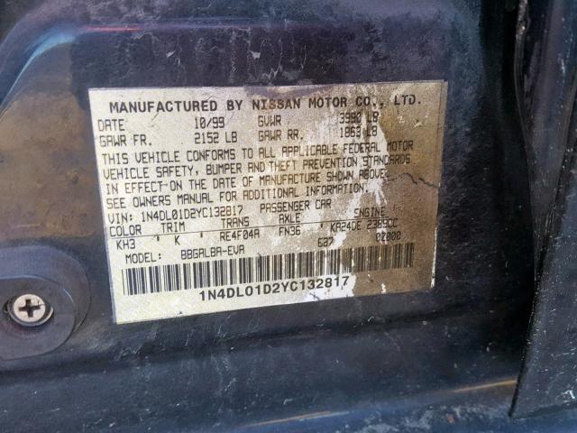 1N4DL01D2YC132817 - 2000 NISSAN ALTIMA XE BLACK photo 10