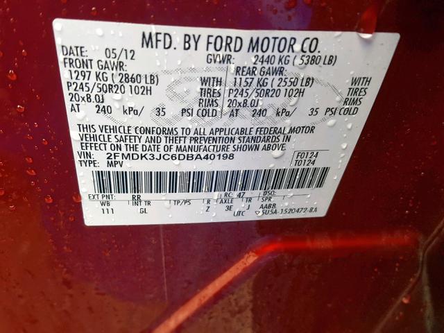 2FMDK3JC6DBA40198 - 2013 FORD EDGE SEL RED photo 10