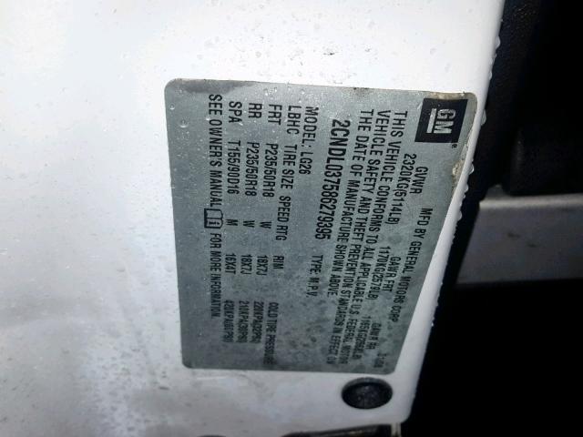 2CNDL037586279395 - 2008 CHEVROLET EQUINOX SP WHITE photo 10