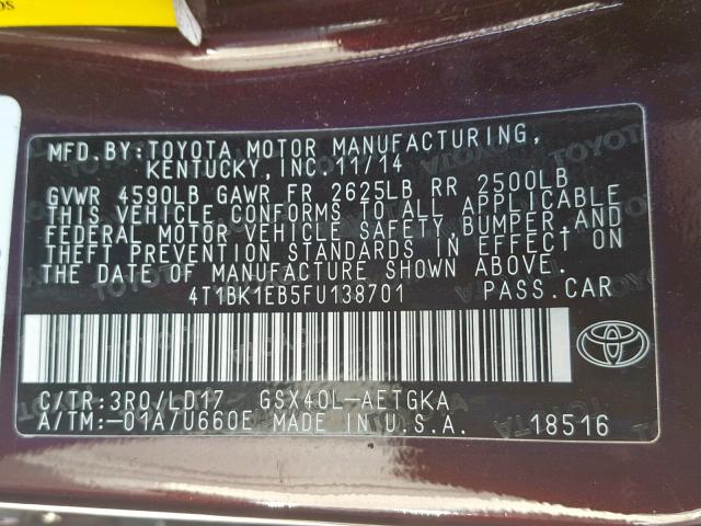 4T1BK1EB5FU138701 - 2015 TOYOTA AVALON XLE MAROON photo 10