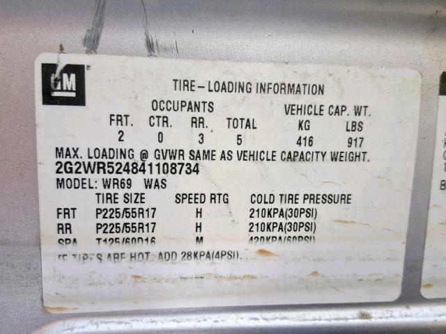 2G2WR52481108734 - 2004 PONTIAC GRAND PRIX SILVER photo 10