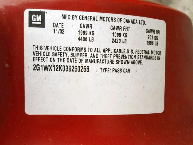 2G1WX12K039250268 - 2003 CHEVROLET MONTE CARL 红色 照片 10