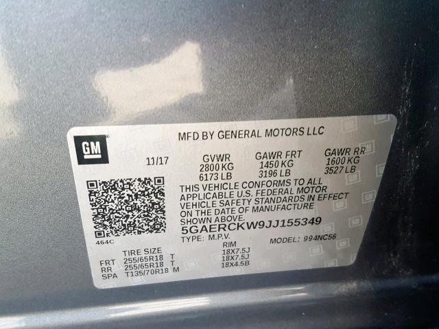 5GAERCKW9JJ155349 - 2018 BUICK ENCLAVE PR TAN photo 10