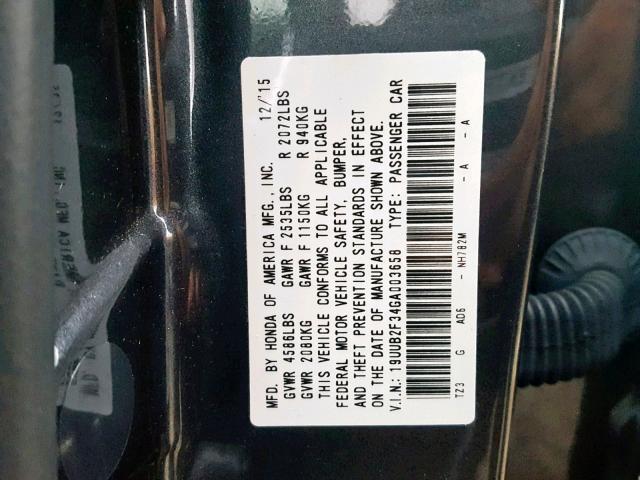 19UUB2F34GA003658 - 2016 ACURA TLX GRAY photo 10