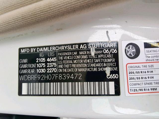 WDBRF92H07F839472 - 2007 MERCEDES-BENZ C 280 4MAT WHITE photo 10