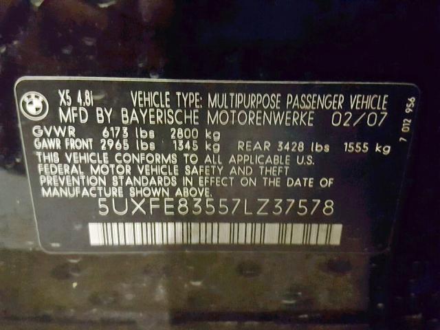 5UXFE83557LZ37578 - 2007 BMW X5 4.8I BLACK photo 10
