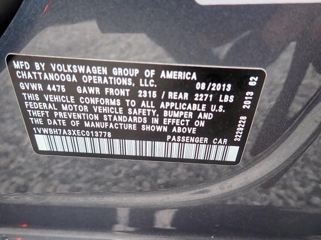 1VWBH7A3XEC013778 - 2014 VOLKSWAGEN PASSAT SE GRAY photo 10