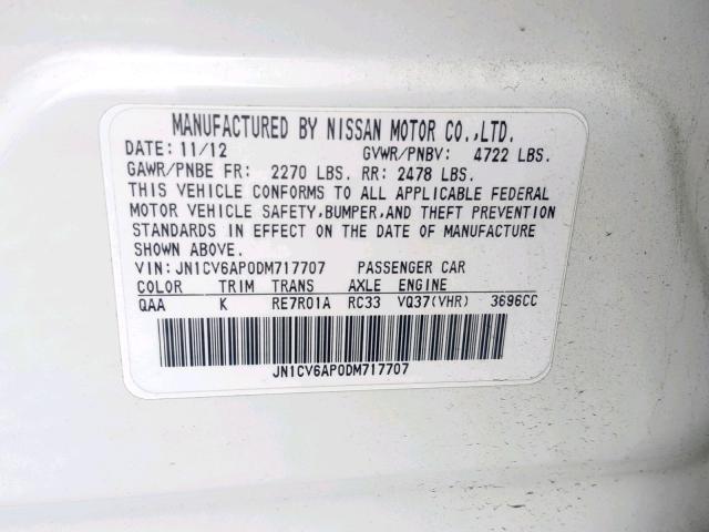 JN1CV6AP0DM717707 - 2013 INFINITI G37 BASE WHITE photo 10