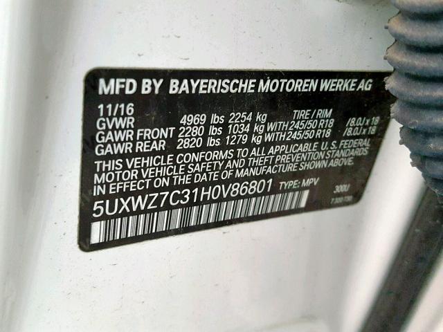 5UXWZ7C31H0V86801 - 2017 BMW X3 SDRIVE2 WHITE photo 10