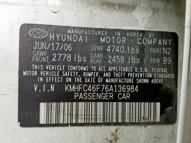 KMHFC46F76A136984 - 2006 HYUNDAI AZERA SE WHITE photo 10