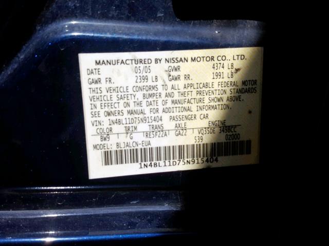 1N4BL11D75N915404 - 2005 NISSAN ALTIMA SE BLUE photo 10