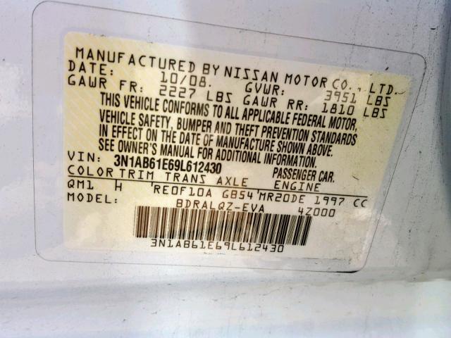 3N1AB61E69L612430 - 2009 NISSAN SENTRA 2.0 WHITE photo 10