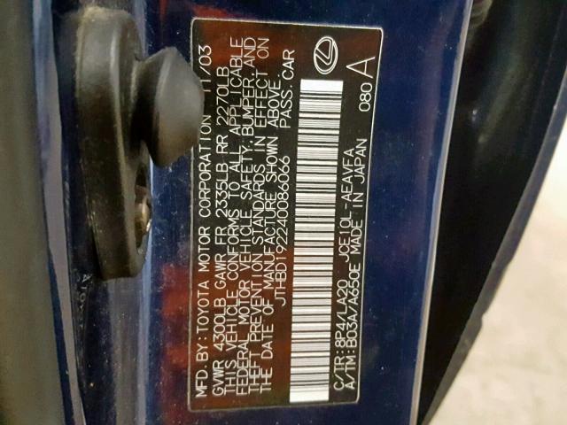 JTHBD192240086066 - 2004 LEXUS IS 300 BLUE photo 10