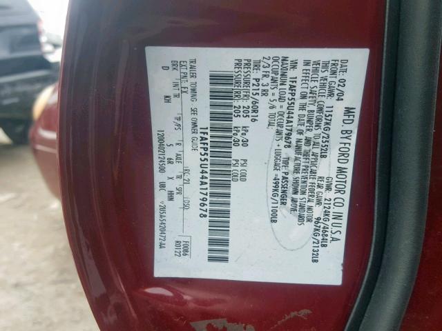 1FAFP55U44A179678 - 2004 FORD TAURUS SES RED photo 10