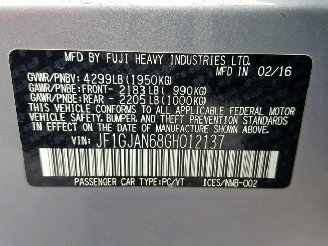 JF1GJAN68GH012137 - 2016 SUBARU IMPREZA LI SILVER photo 10