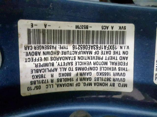 19XFA1F63AE065216 - 2010 HONDA CIVIC LX-S Mavi foto 10