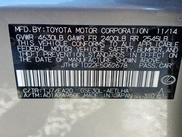 JTHBF1D22F5062678 - 2015 LEXUS IS 250 SILVER photo 10