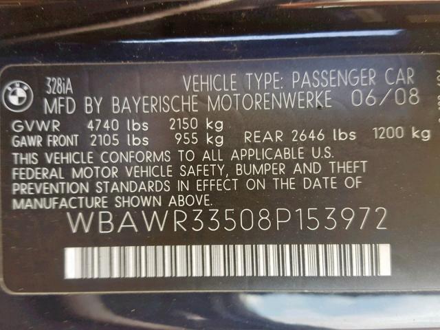 WBAWR33508P153972 - 2008 BMW 328 I SULE BLUE photo 10