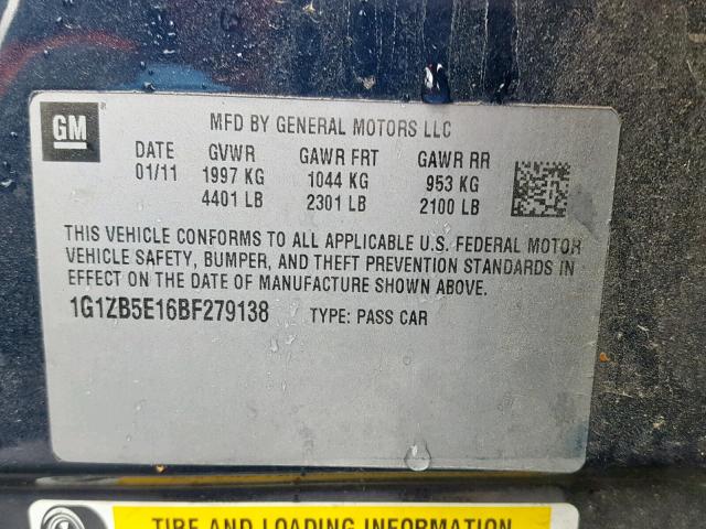 1G1ZB5E16BF279138 - 2011 CHEVROLET MALIBU LS 蓝色 照片 10