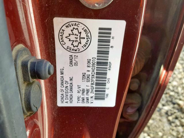 2HGFB2F9XCH039010 - 2012 HONDA CIVIC EXL RED photo 10