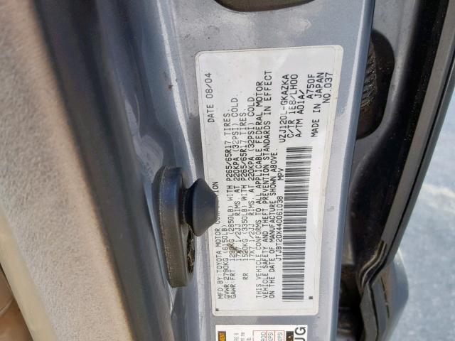 JTJBT20X440061038 - 2004 LEXUS GX 470 BLUE photo 10