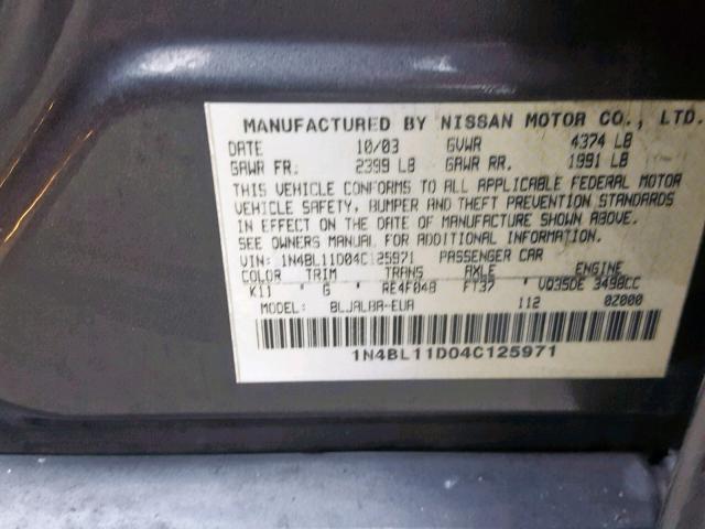 1N4BL11D04C125971 - 2004 NISSAN ALTIMA SE CHARCOAL photo 10