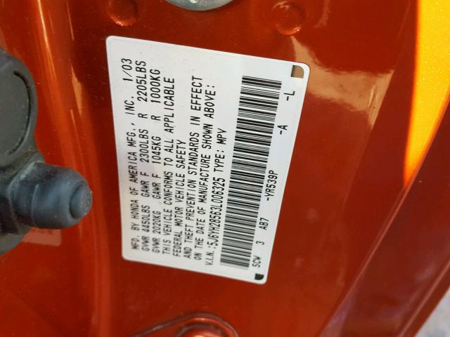 5J6YH28563L006325 - 2003 HONDA ELEMENT EX ORANGE photo 10