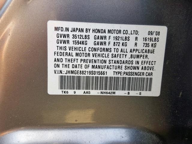 JHMGE88219S015661 - 2009 HONDA FIT GRAY photo 10