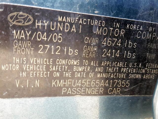 KMHFU45E65A417355 - 2005 HYUNDAI XG 350 BLUE photo 10