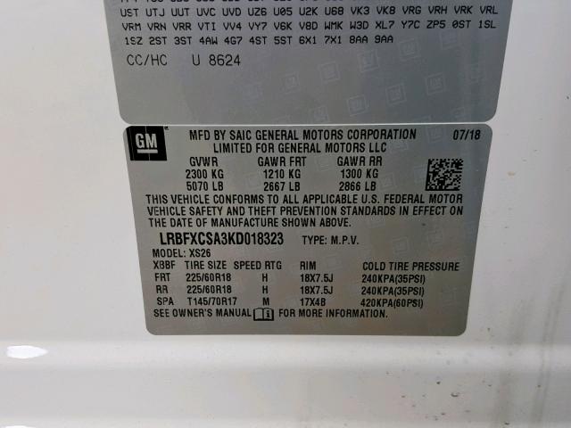 LRBFXCSA3KD018323 - 2019 BUICK ENVISION E WHITE photo 10