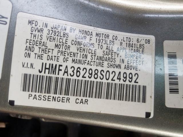 JHMFA36298S024992 - 2008 HONDA CIVIC HYBRID  photo 10