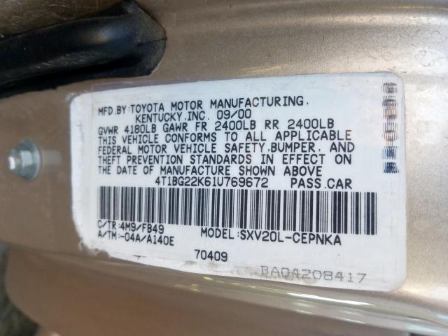 4T1BG22K61U769672 - 2001 TOYOTA CAMRY CE  photo 10