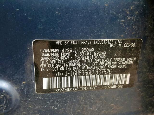 JF1GH63668H837526 - 2008 SUBARU IMPREZA OU BLUE photo 10