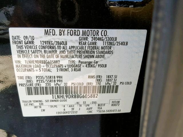 1LNHL9DR8BG605882 - 2011 LINCOLN MKS BLACK photo 10