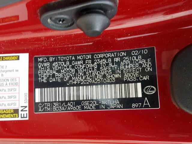 JTHFF2C29A2510403 - 2010 LEXUS IS 250 RED photo 10