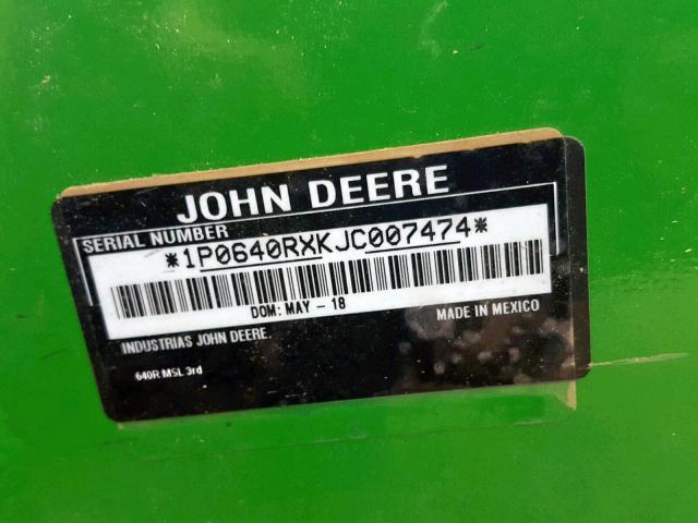 1P0640RXKJC007474 - 2018 JOHN DEERE LOAD FORKS GREEN photo 10